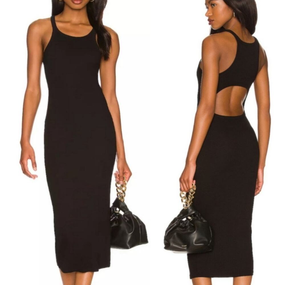 LNA CLOTHING Dress SZ Large Rilynn Rib Racer Black Midi NWT Stretch Cutout Back
